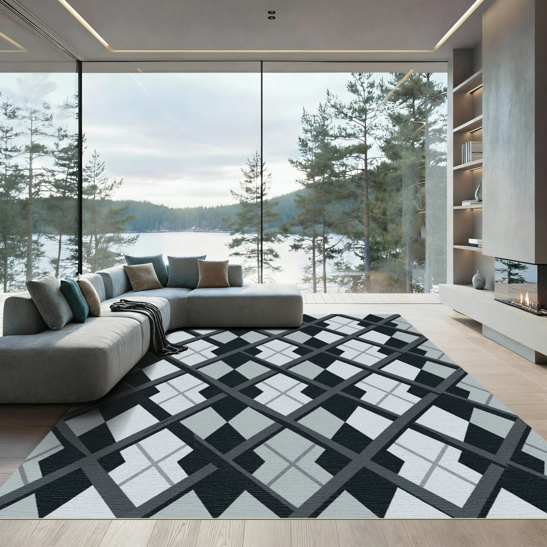 Monochromatic Geometric Diamond Weave Rug