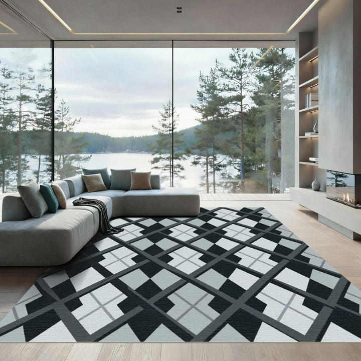 Monochromatic Geometric Diamond Weave Rug