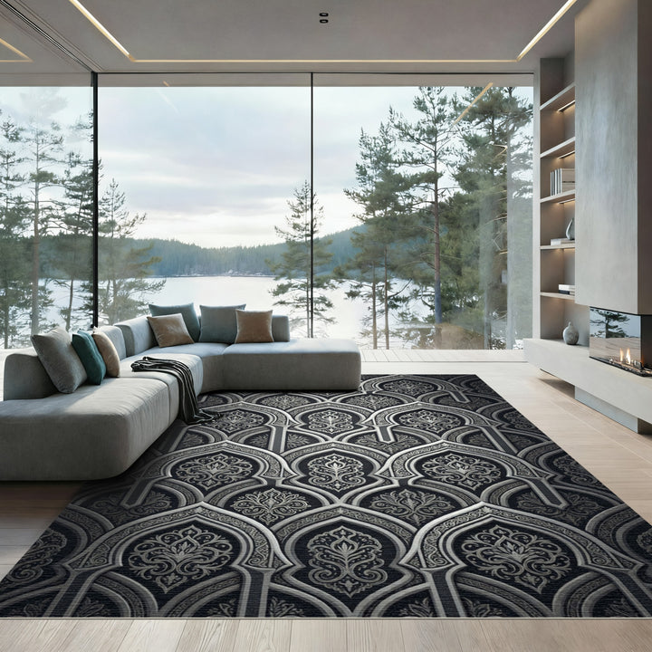 Intricate Silver Arabesque Arch Fabric Rug