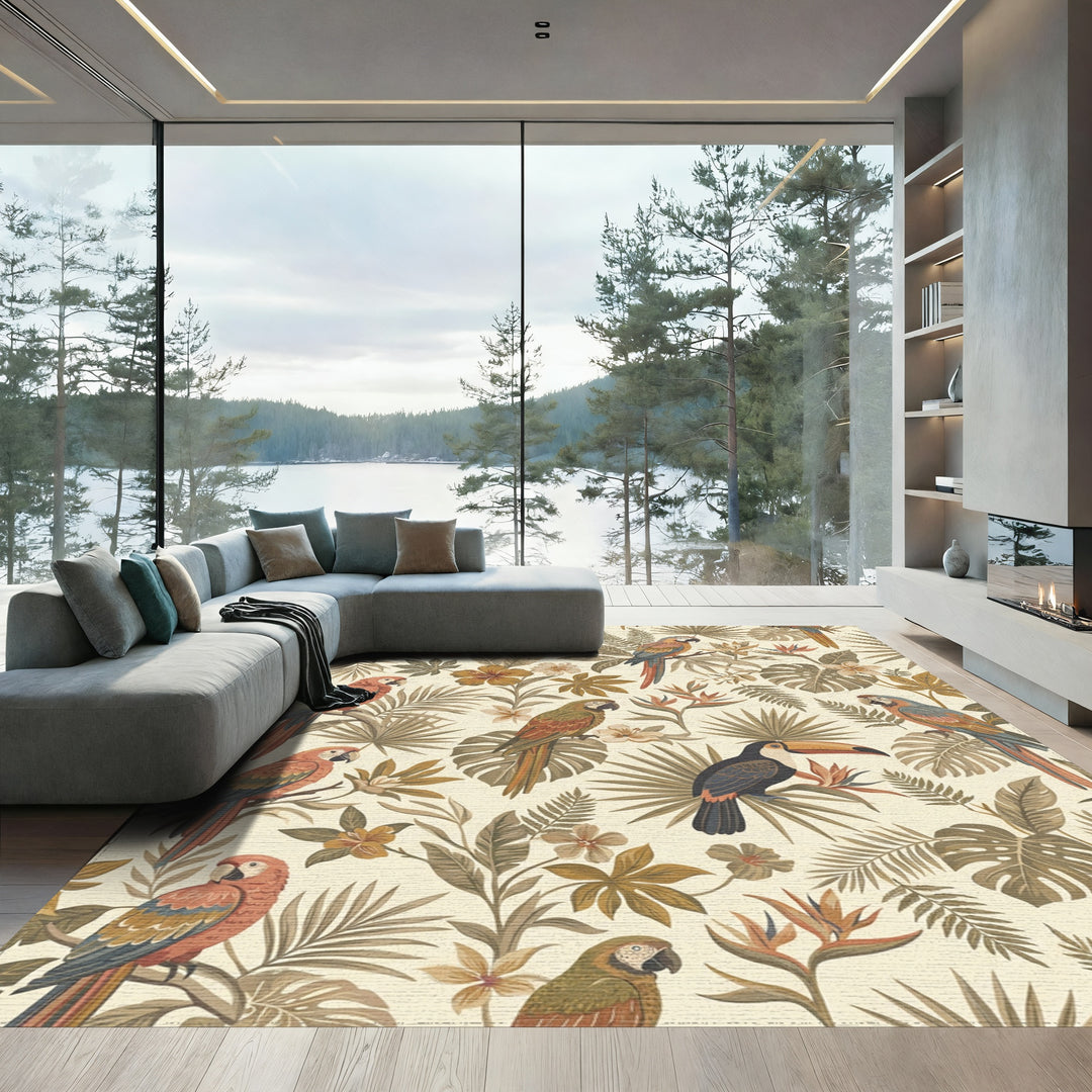 Earthy Tropical Toucan Parrot Foliage Rug