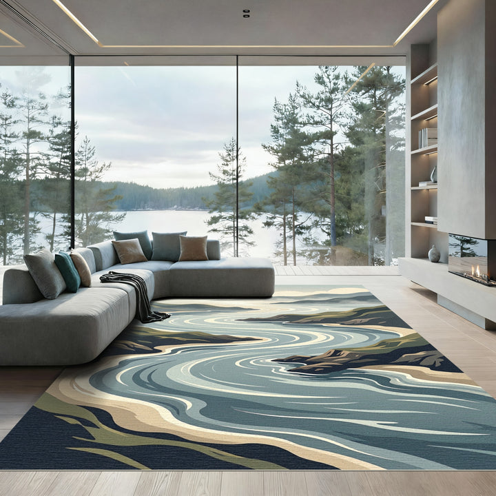 Serene River Gorge Scenic Landscape Rug