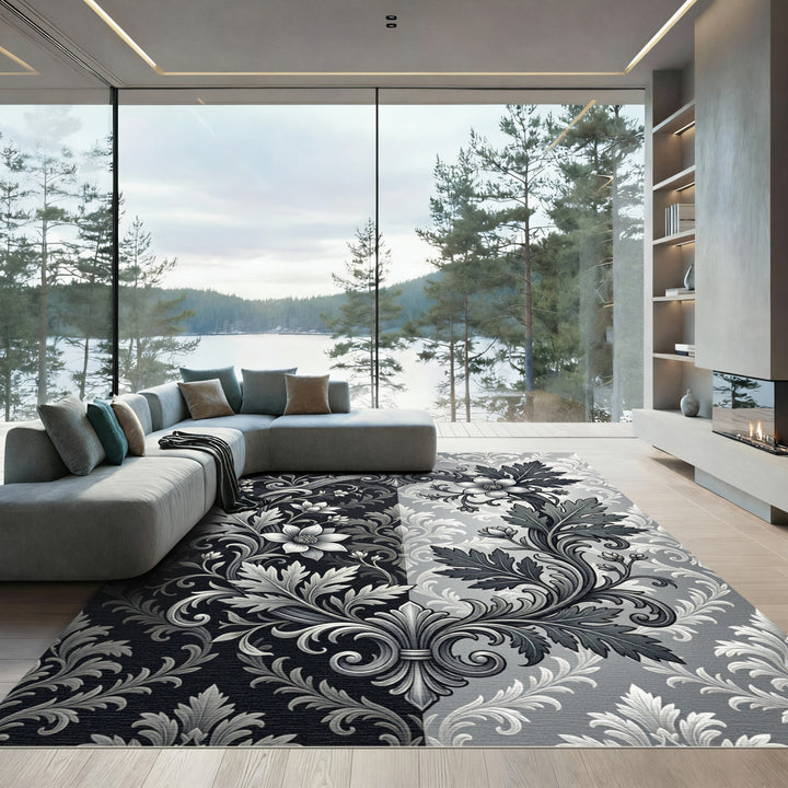 Ornate Black and White Floral Damask Rug