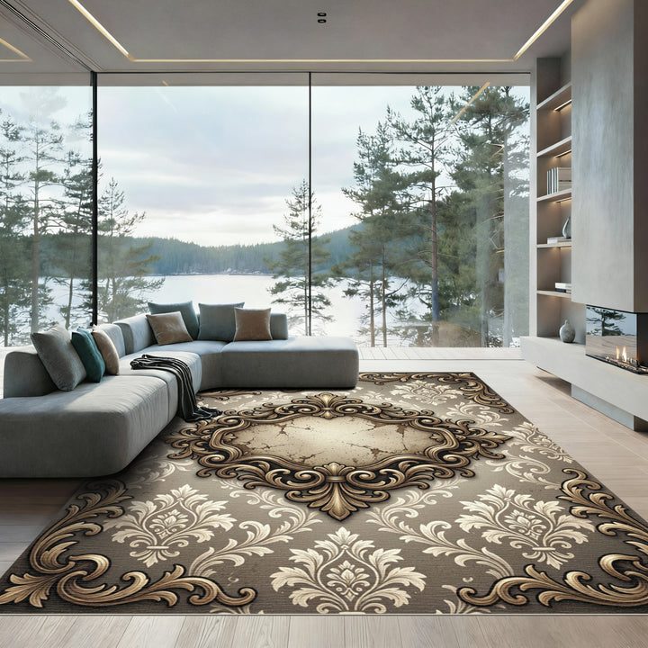 Ornate Gold Damask Scrollwork Rug