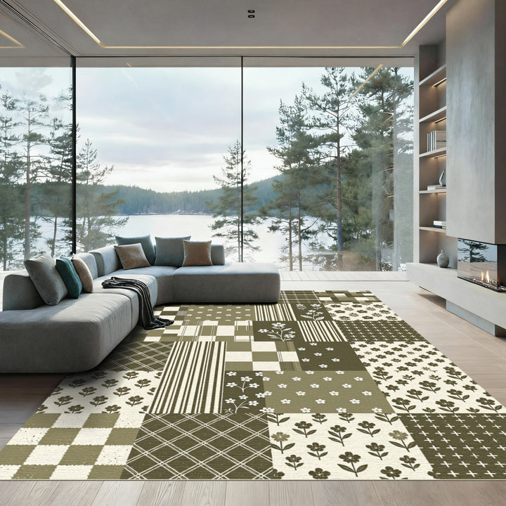 Earth Tones Patchwork Floral Plaid Rug