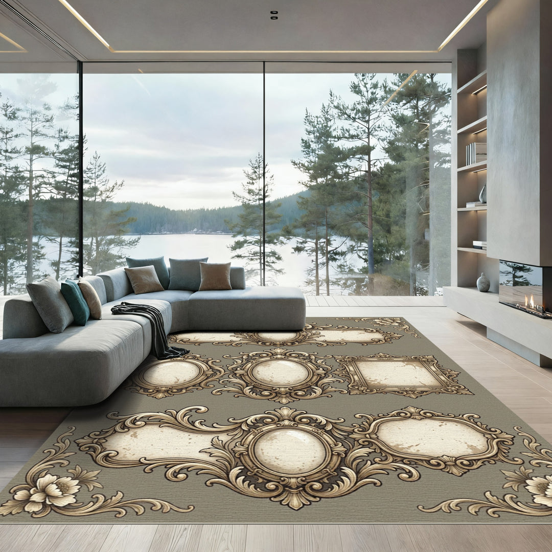 Ornate Gold Swirl Oval Frame Design Rug