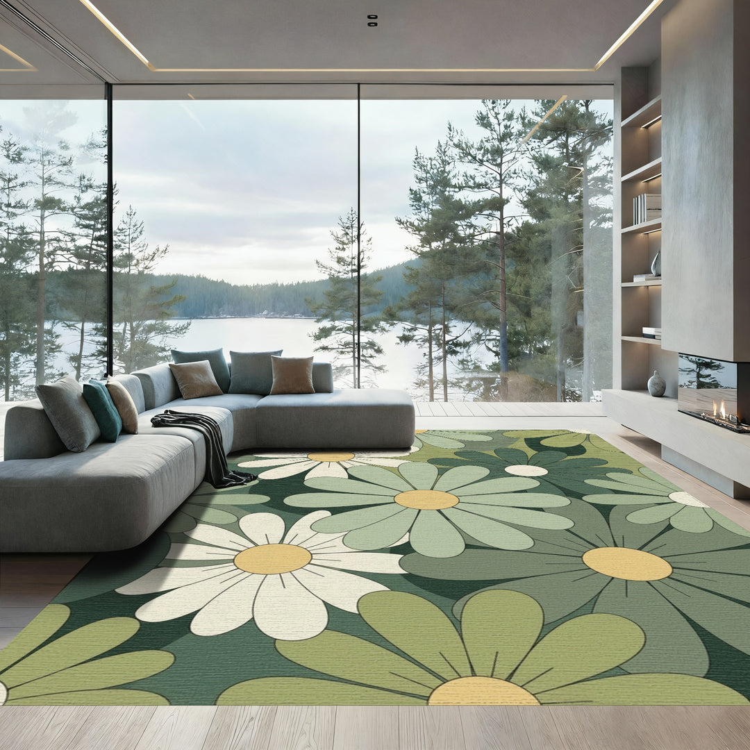 Retro Daisy Meadow Green Floral Rug