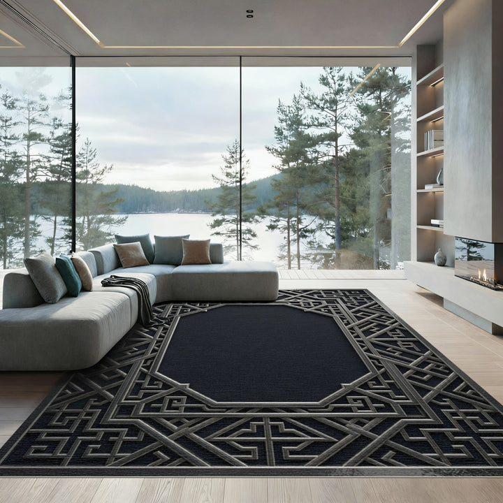Ornate Gray Geometric Octagon Rug