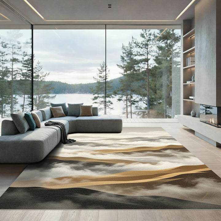 Serene Gold Mountain Fog Landscape Rug