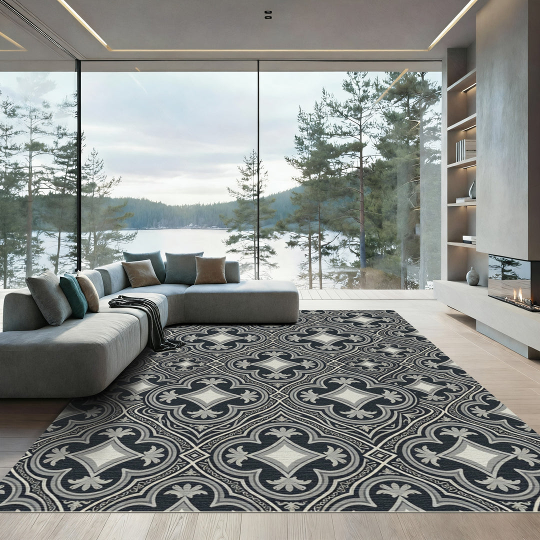 Dark Gray Quatrefoil Floral Medallion Rug