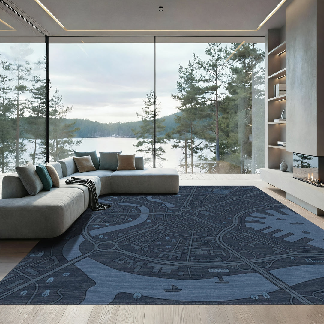 Dark Blue Cityscape Circular Layout Rug