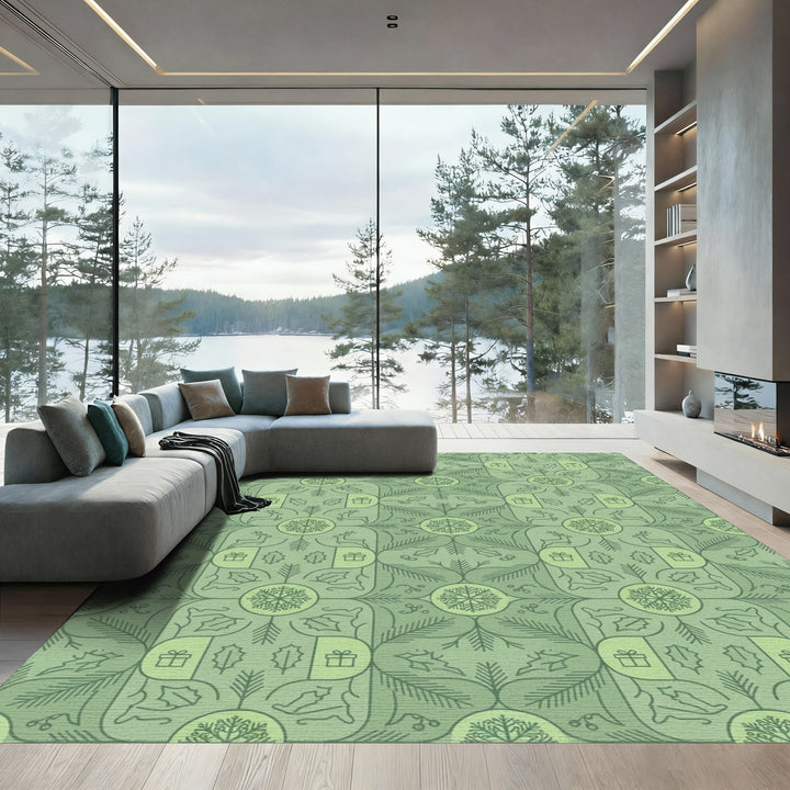 Winter Green Holly and Reindeer Snowflakes Rug