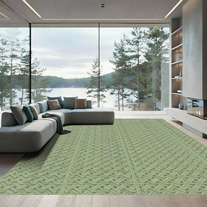 Subtle Green Woven Overlapping Squares Rug