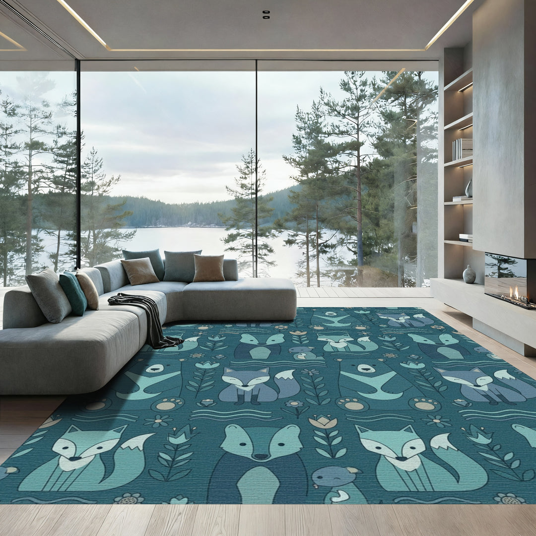 Teal Forest Animals Woodland Whimsical Rug