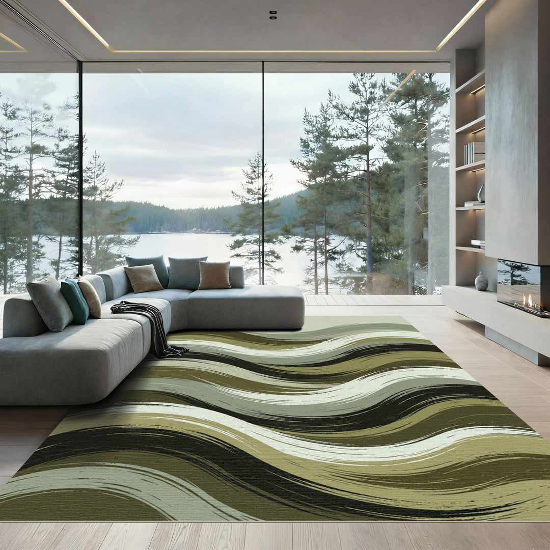 Abstract Olive Green Brushstroke Waves Rug