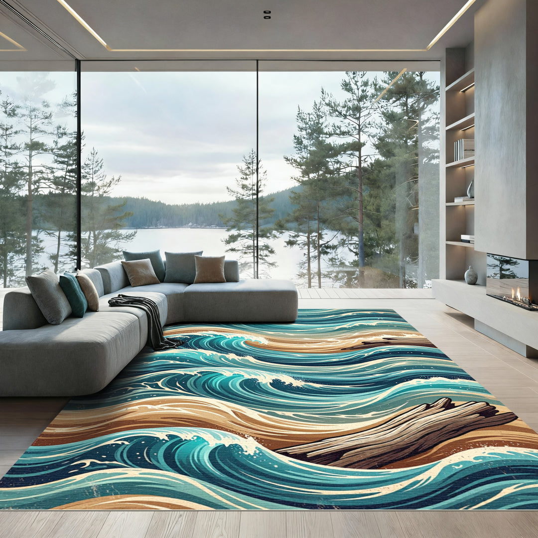 Ocean Waves Sand Wood Abstract Rug