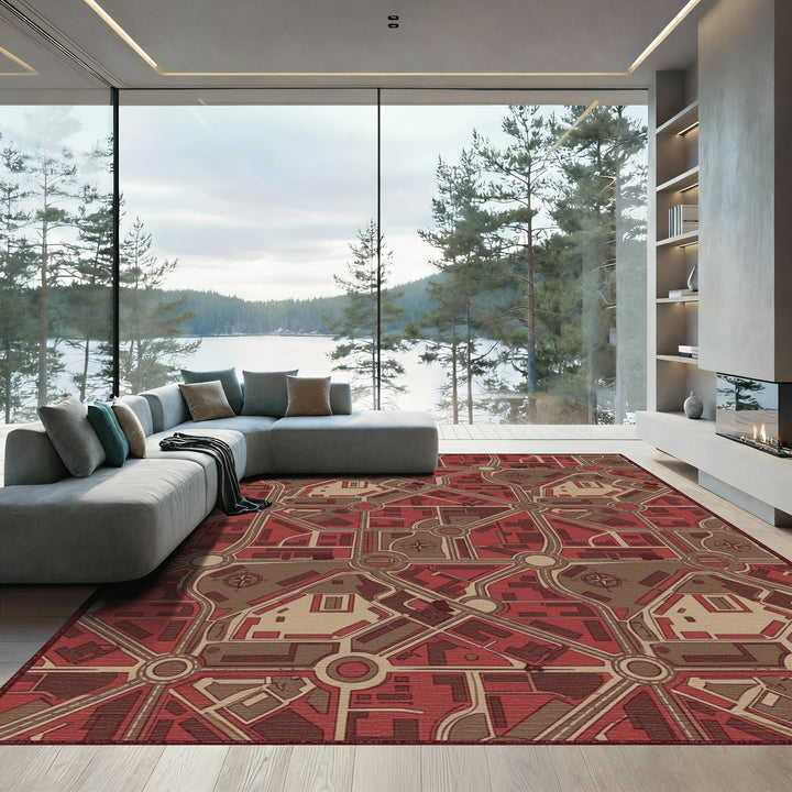 Urban City Map Red Brown Rug