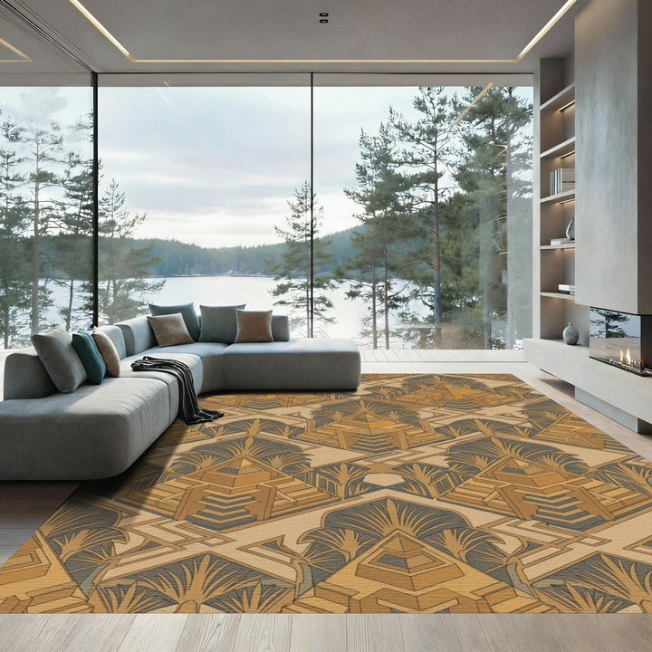 Golden Art Deco Geometric Pyramid Rug