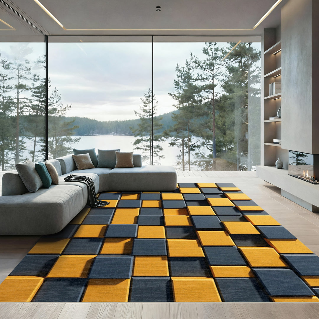 Geometric Cubes Yellow Slate Rug