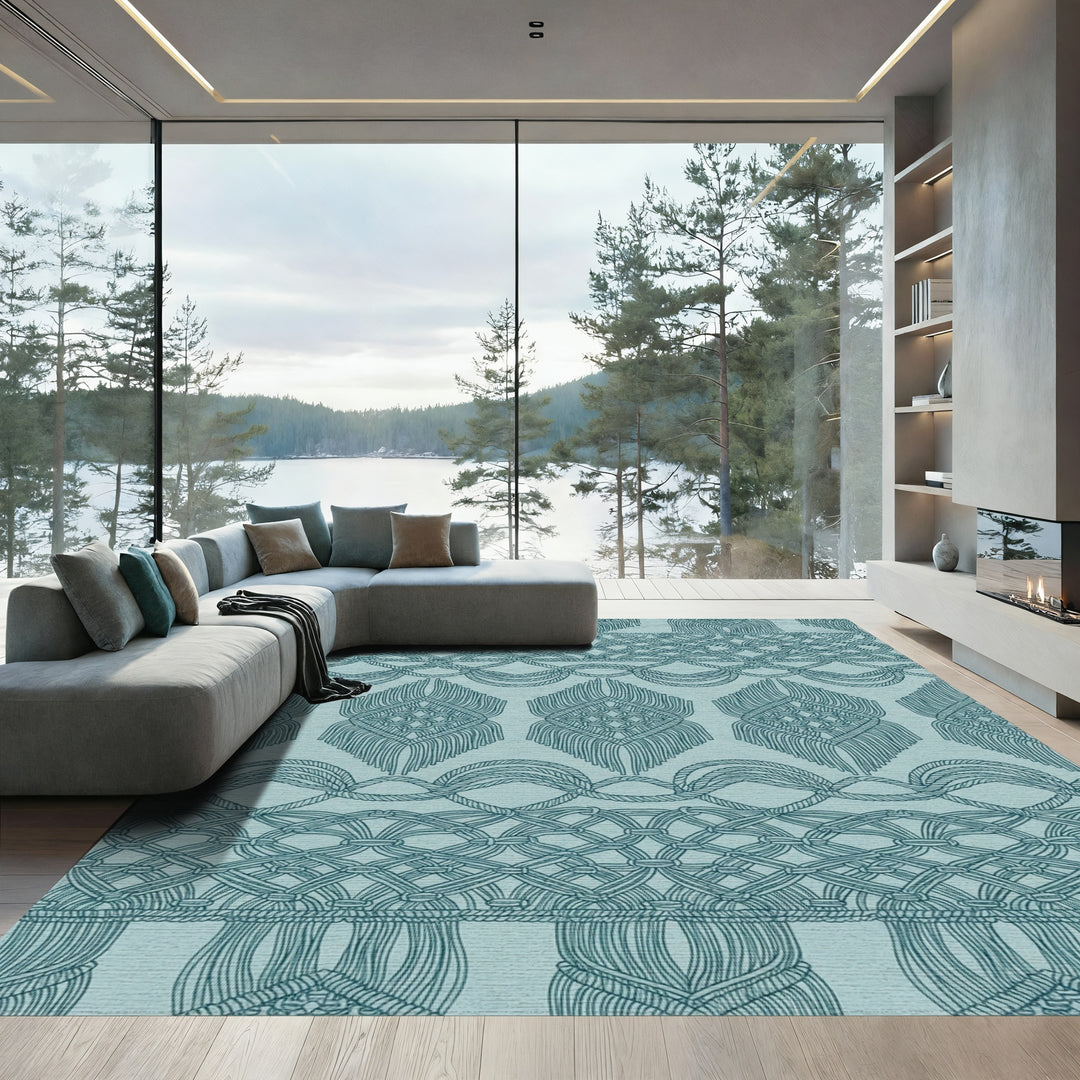 Teal Macrame Rope Scroll Rug