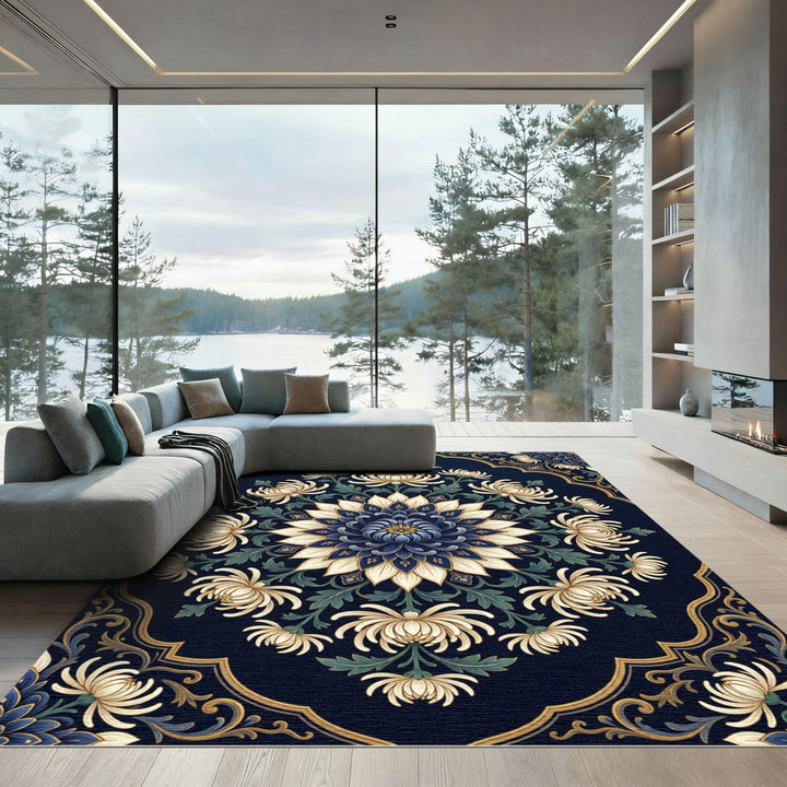 Deep Blue Chrysanthemum Floral Medallion Rug