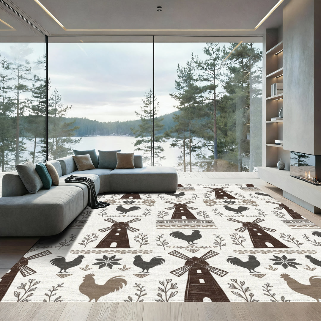 Farmhousewindmill and rooster folk art Rug