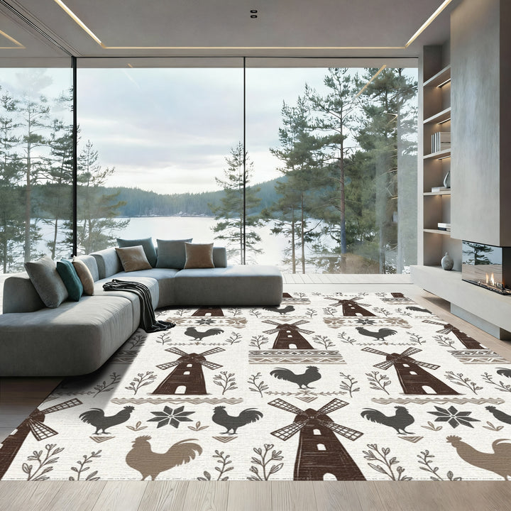 Farmhousewindmill and rooster folk art Rug