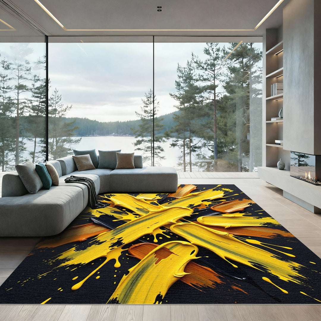 Bold Yellow Abstract Paint Splatter Rug
