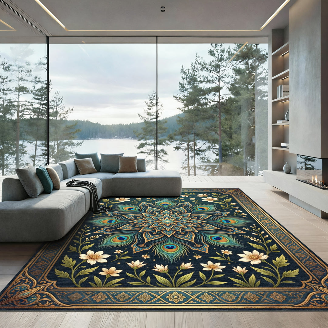 Emerald Peacock Feather Mandala Rug