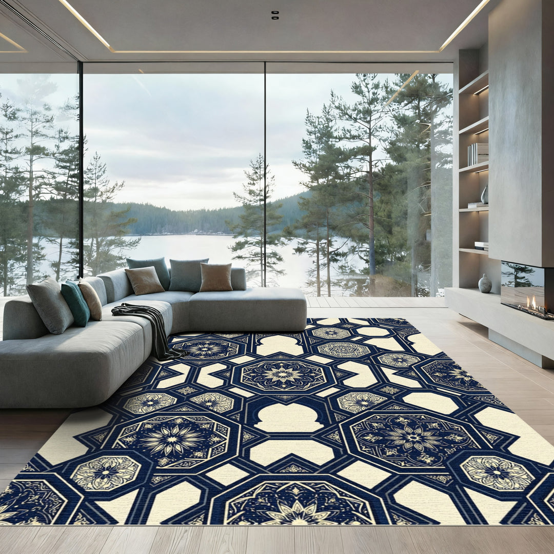 Ornate Cobalt Lattice Medallion Rug