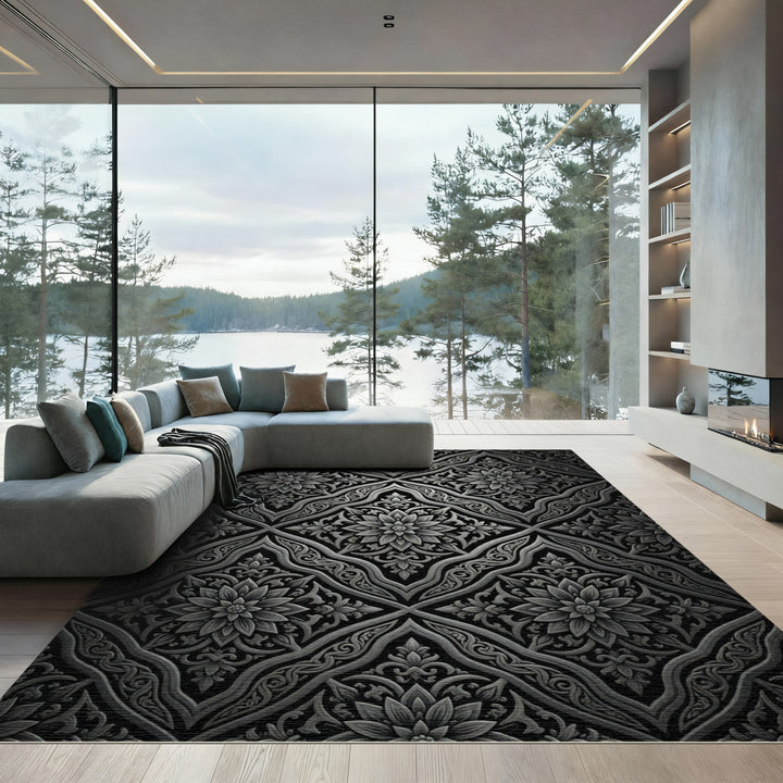 Ornate Black Silver Floral Medallion Rug