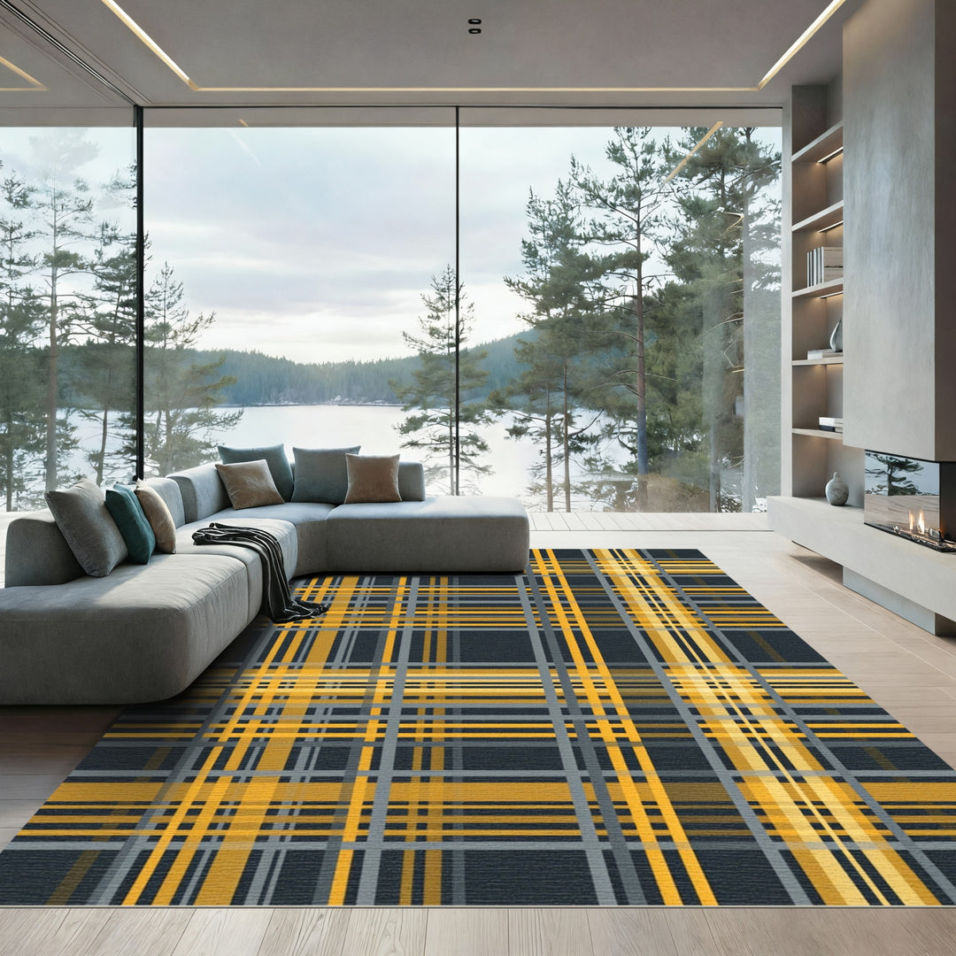 Modern Yellow Gray Plaid Lines Rug
