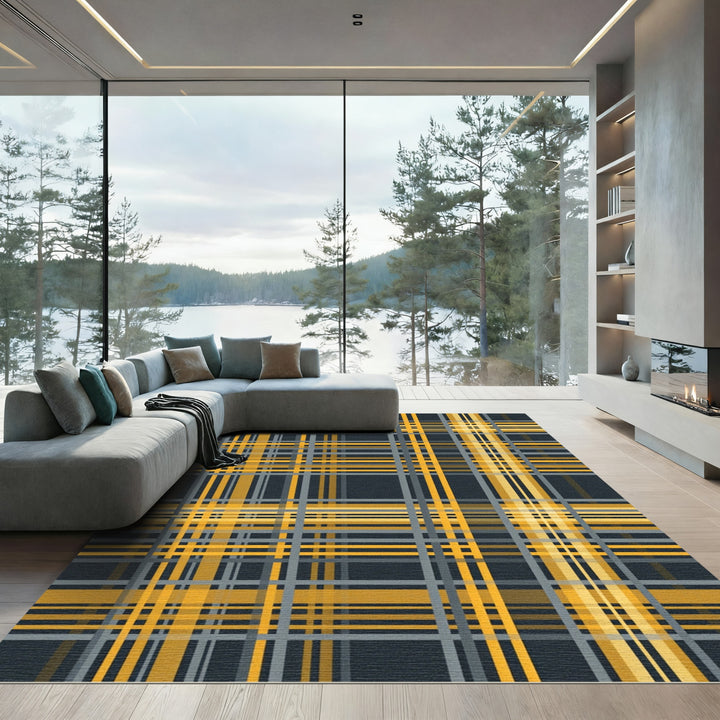 Modern Yellow Gray Plaid Lines Rug