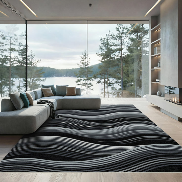 Abstract Gray Wave Lines Rug