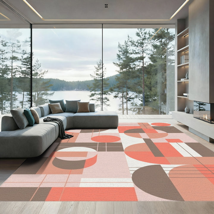 Coral Brown Geometric Circles Squares Rug