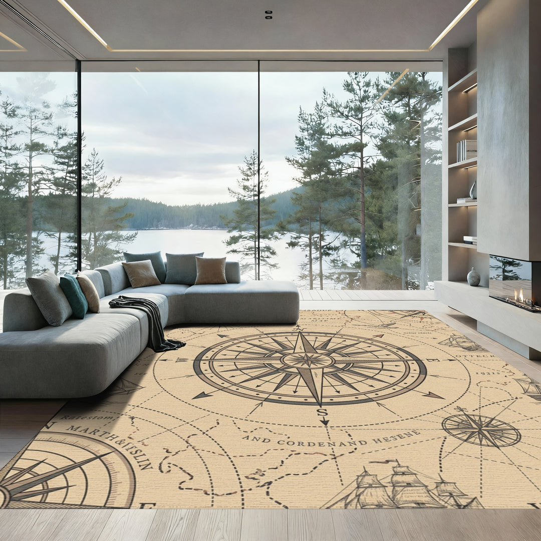 Vintage Nautical Compass Marine Map Rug