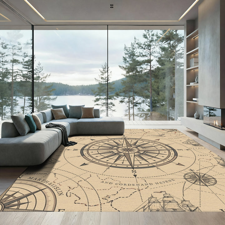 Vintage Nautical Compass Marine Map Rug
