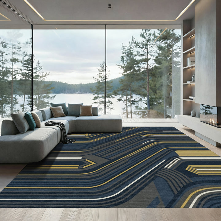 Abstract Geometric Blue Yellow Lines Rug