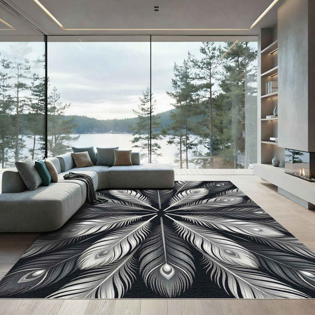 Elegant Silver Peacock Feather Mandala Rug