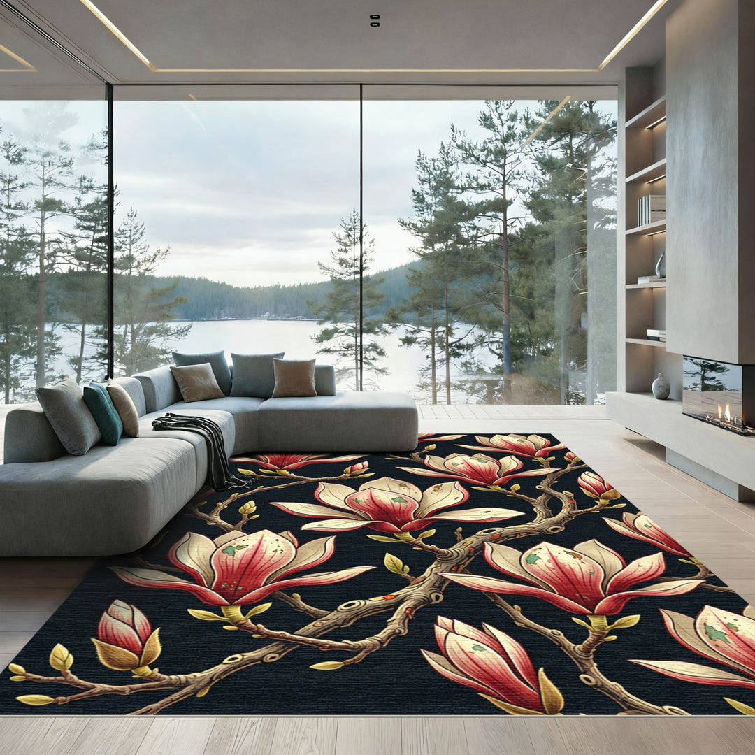 Crimson White Magnolia Blossom Branch Rug