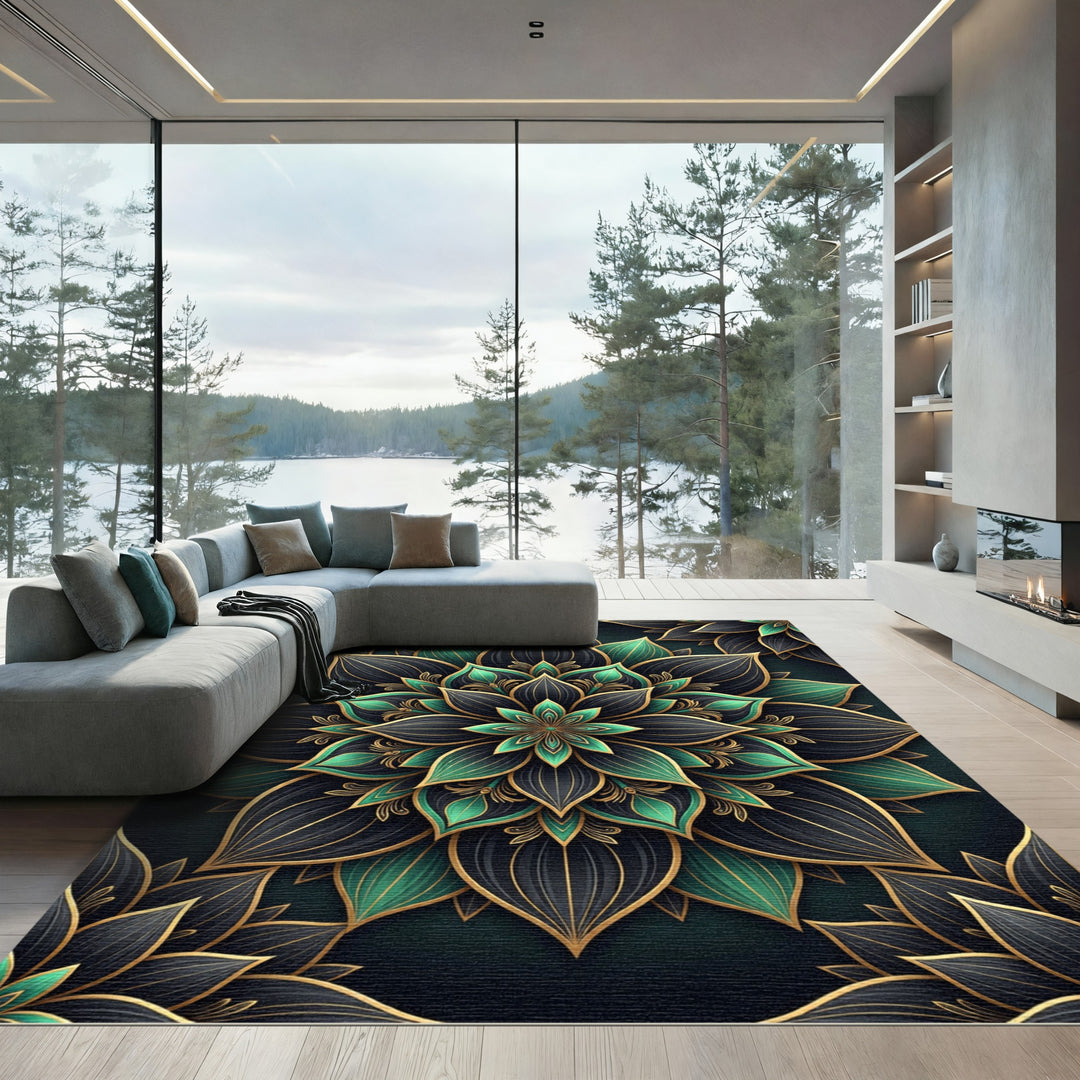 Emerald Gold Black Lotus Mandalas Rug