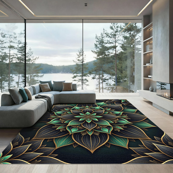 Emerald Gold Black Lotus Mandalas Rug