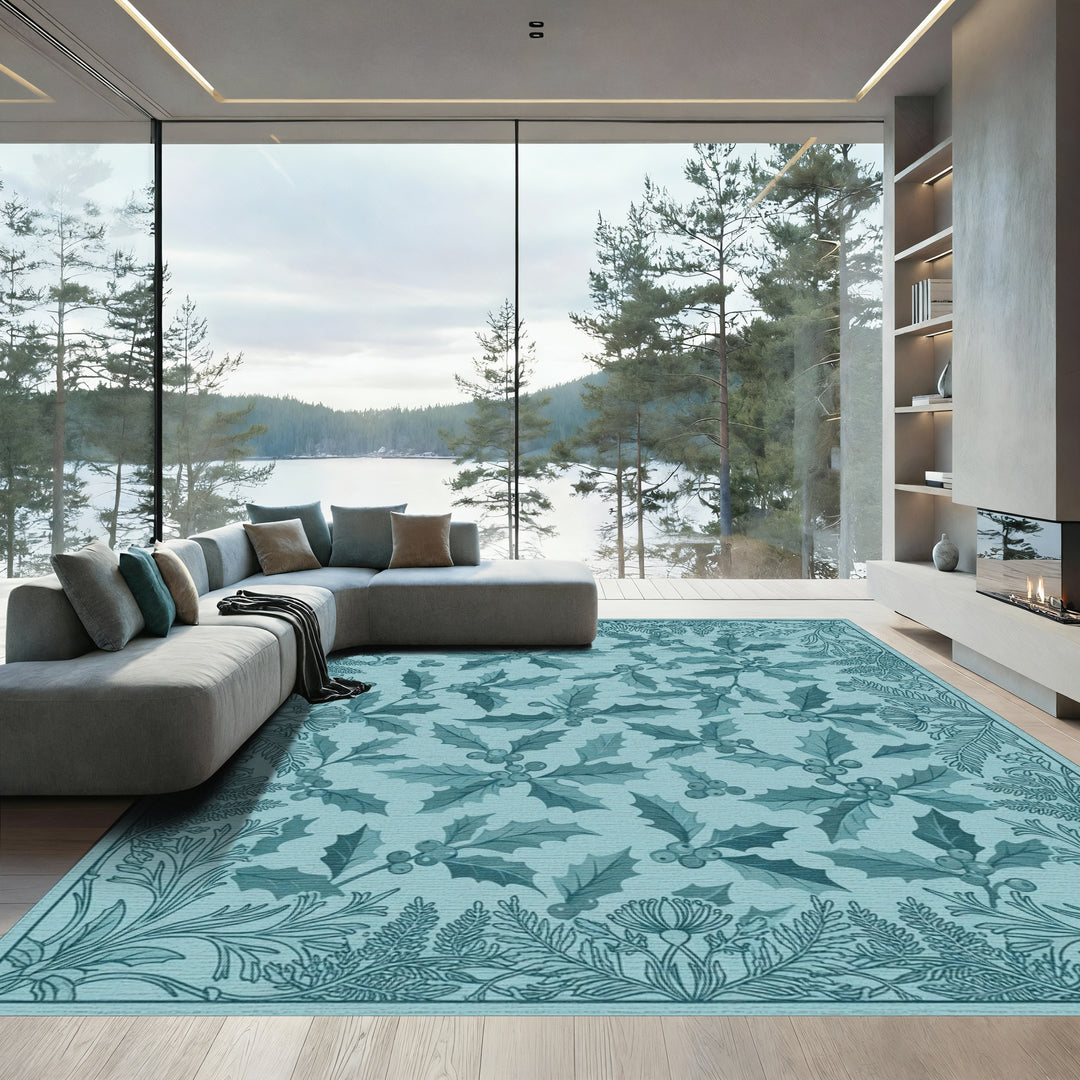 Teal Holly Berry Floral Border Rug