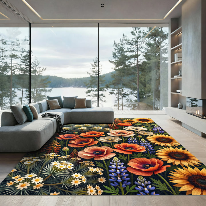 Vibrant Poppy Sunflower Garden Rug