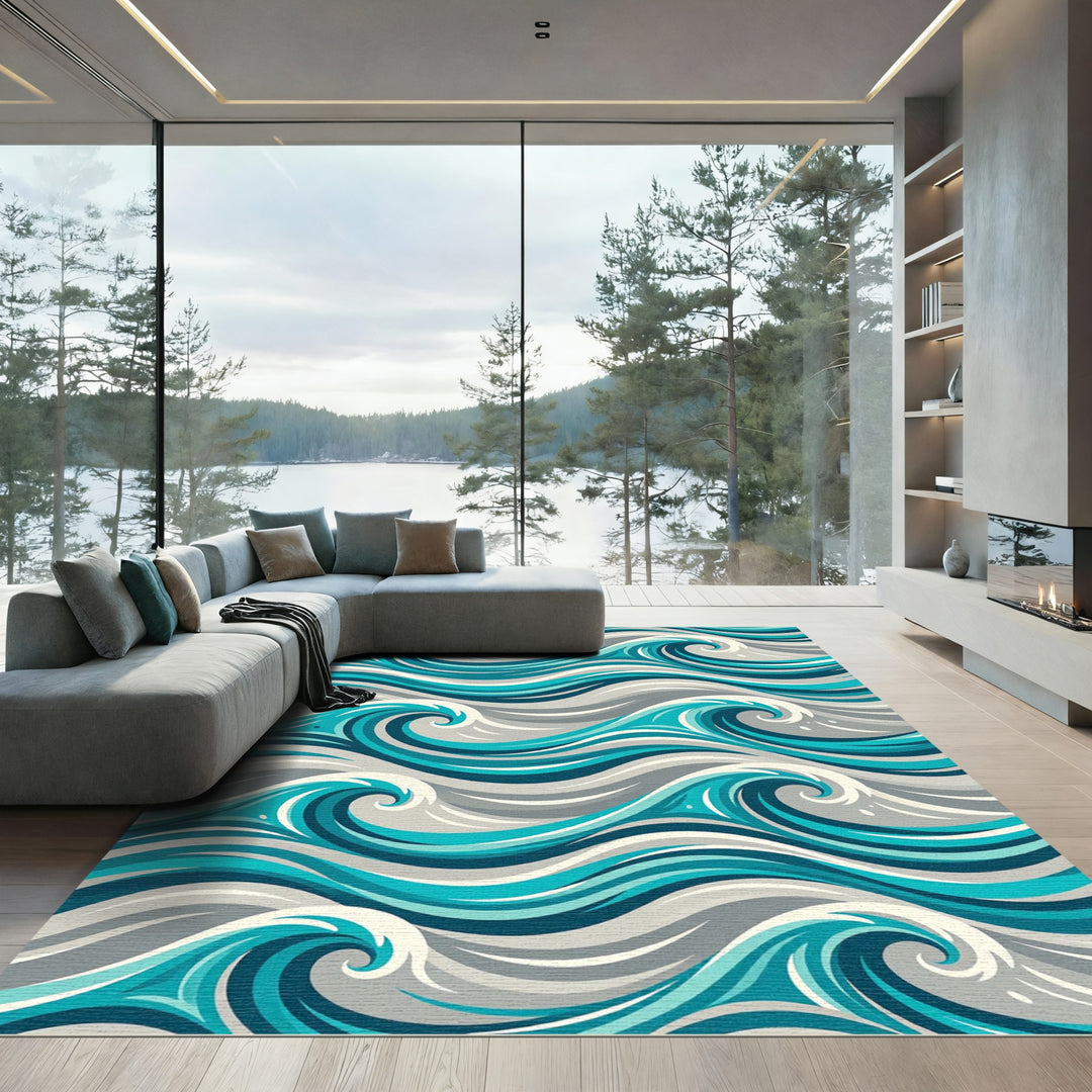 Coastal Blue Ocean Wave Rug