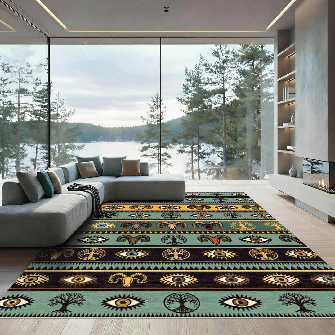 Mystic Eyes Ram Tree Folk Art Rug