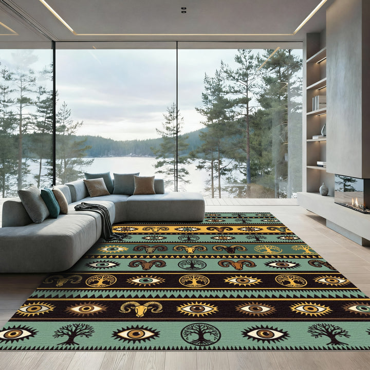 Mystic Eyes Ram Tree Folk Art Rug
