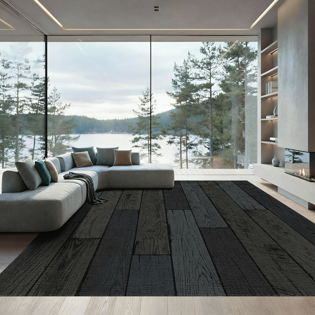 Dark Grey Weathered Wood Plank Texture Rug