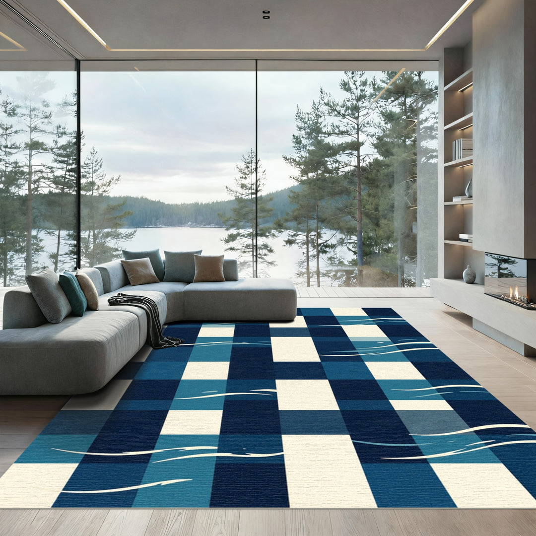 Blue Wave Checkered Textile Rug
