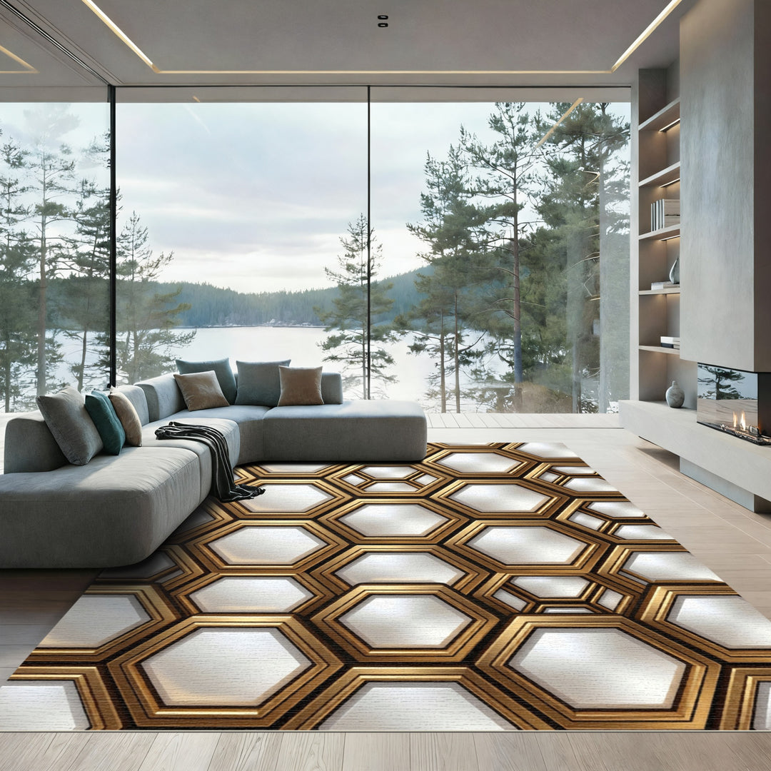 Golden Hexagon Geometric Texture Rug