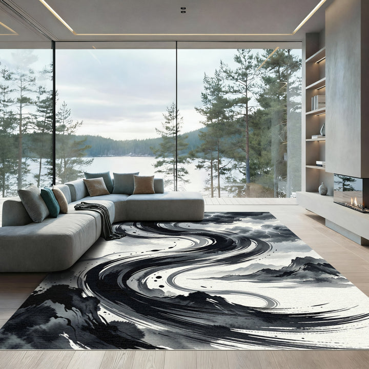 Dramatic Black Ink Swirl Storm Sky Rug